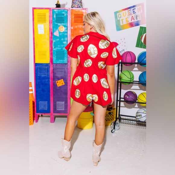 Red & Gold Football Romper by Queen of Sparkles. - Picture 3 of 10